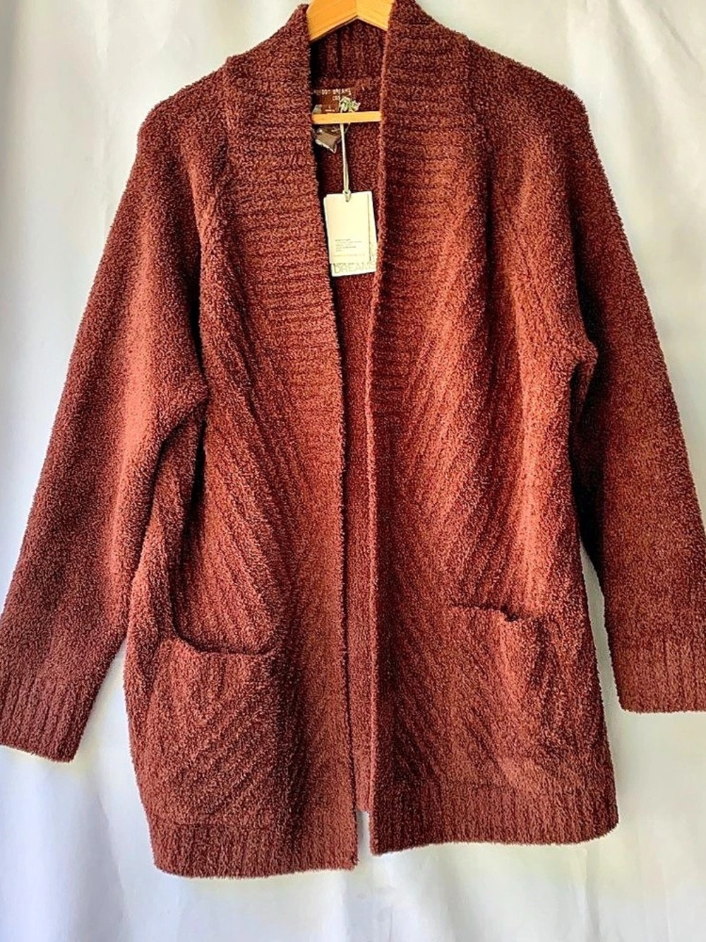 Barefoot Dreams CozyChic Lite Ribbed Cardigan Open Front Brown Size Large Pocket